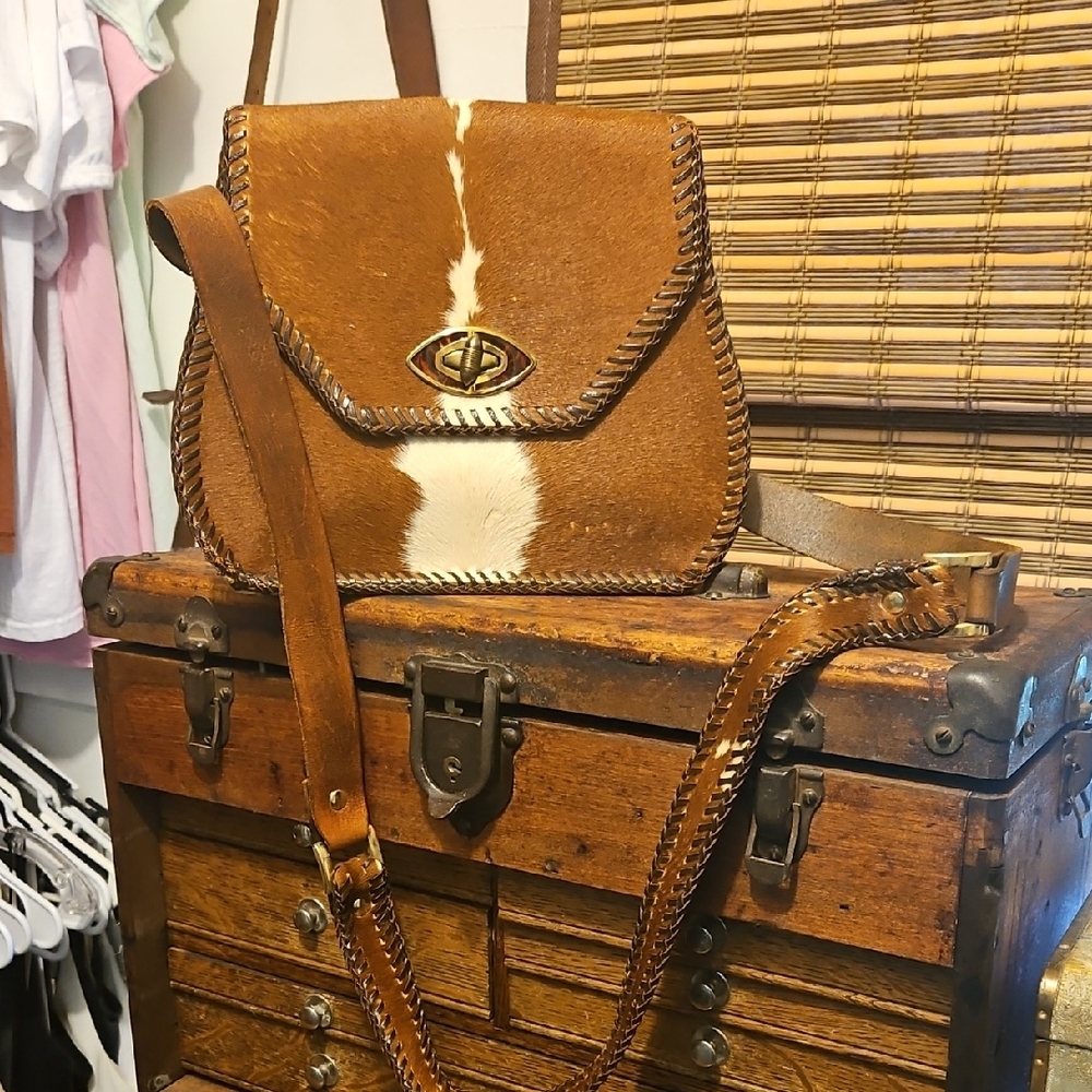 Brown and White Leather Crossbody Bag
